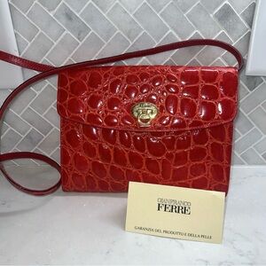 Gianfranco Ferre Glossy Red Croc Shoulder Bag